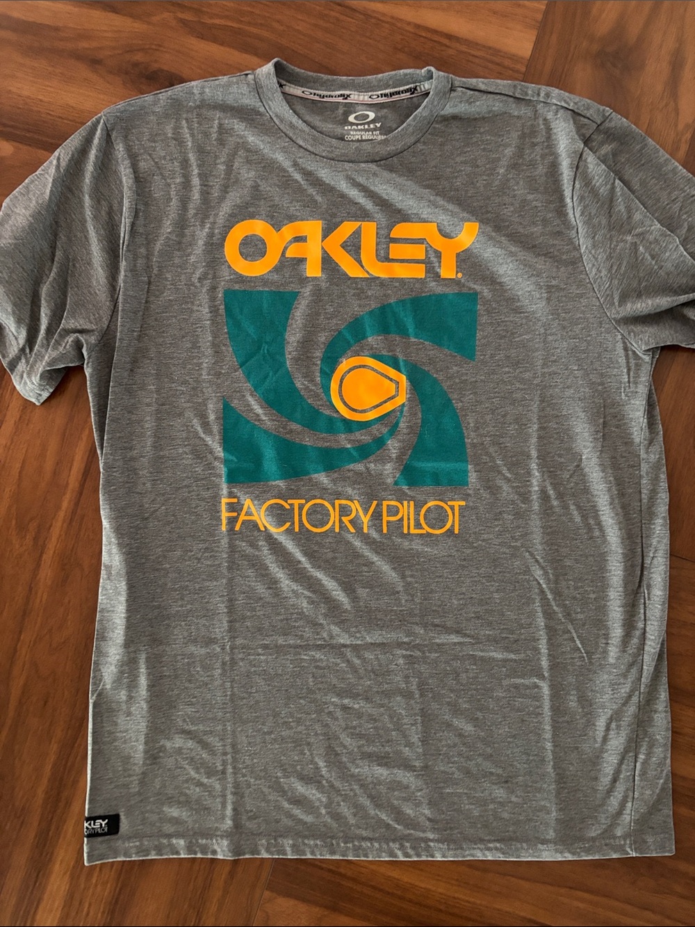 Oakley Gray Tee with Teal and Yellow Factory Pilot Graphic